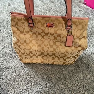 Coach Tan and Pink Signature Tote Bag